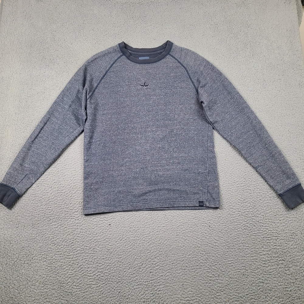 Prana Sweatshirt Mens Small Blue Heathered‎ Raglan Center Logo Crew Neck Sweater